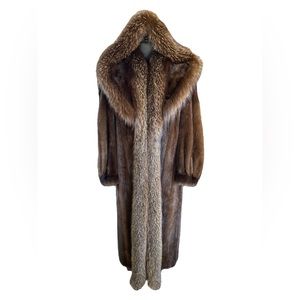 SOLD Real Fur Coat Long Length Lunaraine Mink with Sterling Fox trim Women’s Med